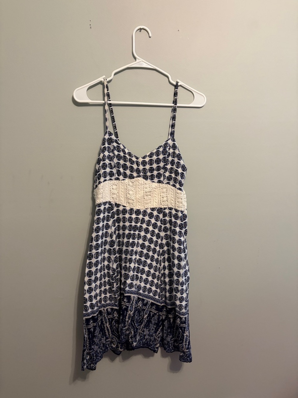 White & Navy Printed Mini Dress with Crochet Waistband